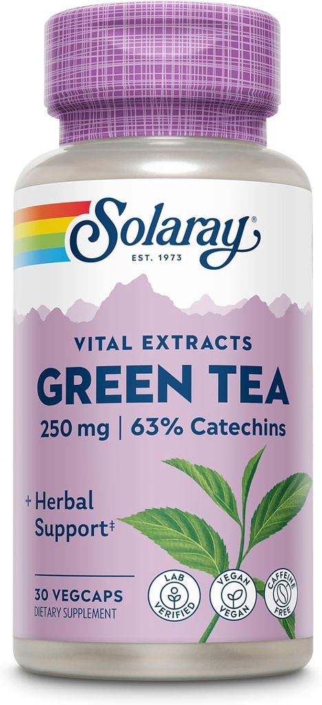 SOLARAY Green Tea Extract 250 mg - Extracto de té verde decaffeinado - Suplementos de EGCG - Garantizado para contener 63% Catechins - Vegan, garantía de 60 días, 30 Servimientos, 30 VegCaps