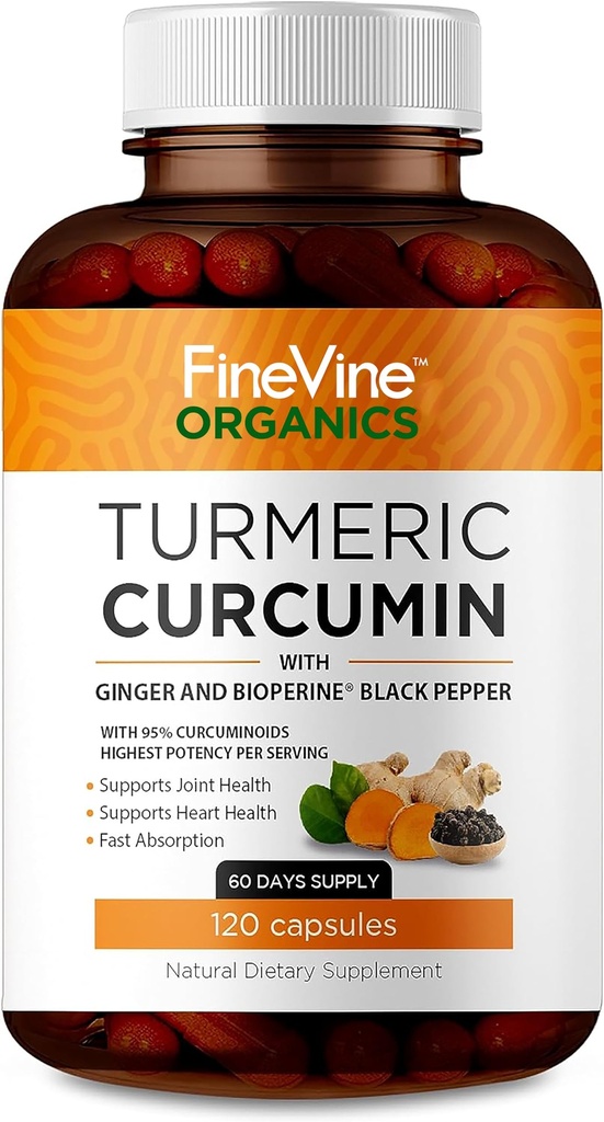 Turmeric Curcumin with BioPerine Black Pepper and Ginger - Made in USA - 120 Vegetarian Capsules for Advanced Absorption, Joints Support