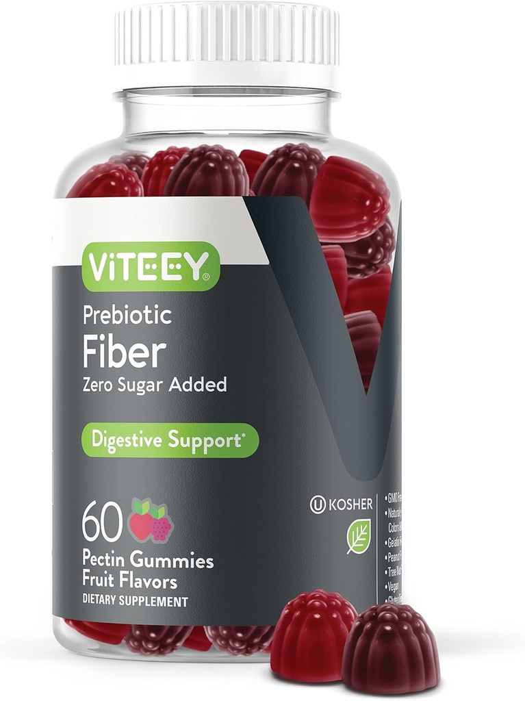 Viteey Prebiotic Fiber Gummies for Adults, 4g - Gut Health & Digestive Soluble Fiber Supplement Gummies - Zero Sugar Añadido, Vegan, Gluten-Free - 60 Condes