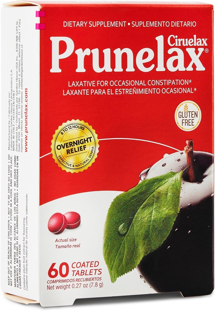 Prunelax Ciruelax Estrés Laxative Mini Tablets - Alivio de la noche para el estreñimiento ocasional, Senna Extract, Vegan &amp; Gluten-Free, Gentle Relief - 60ct