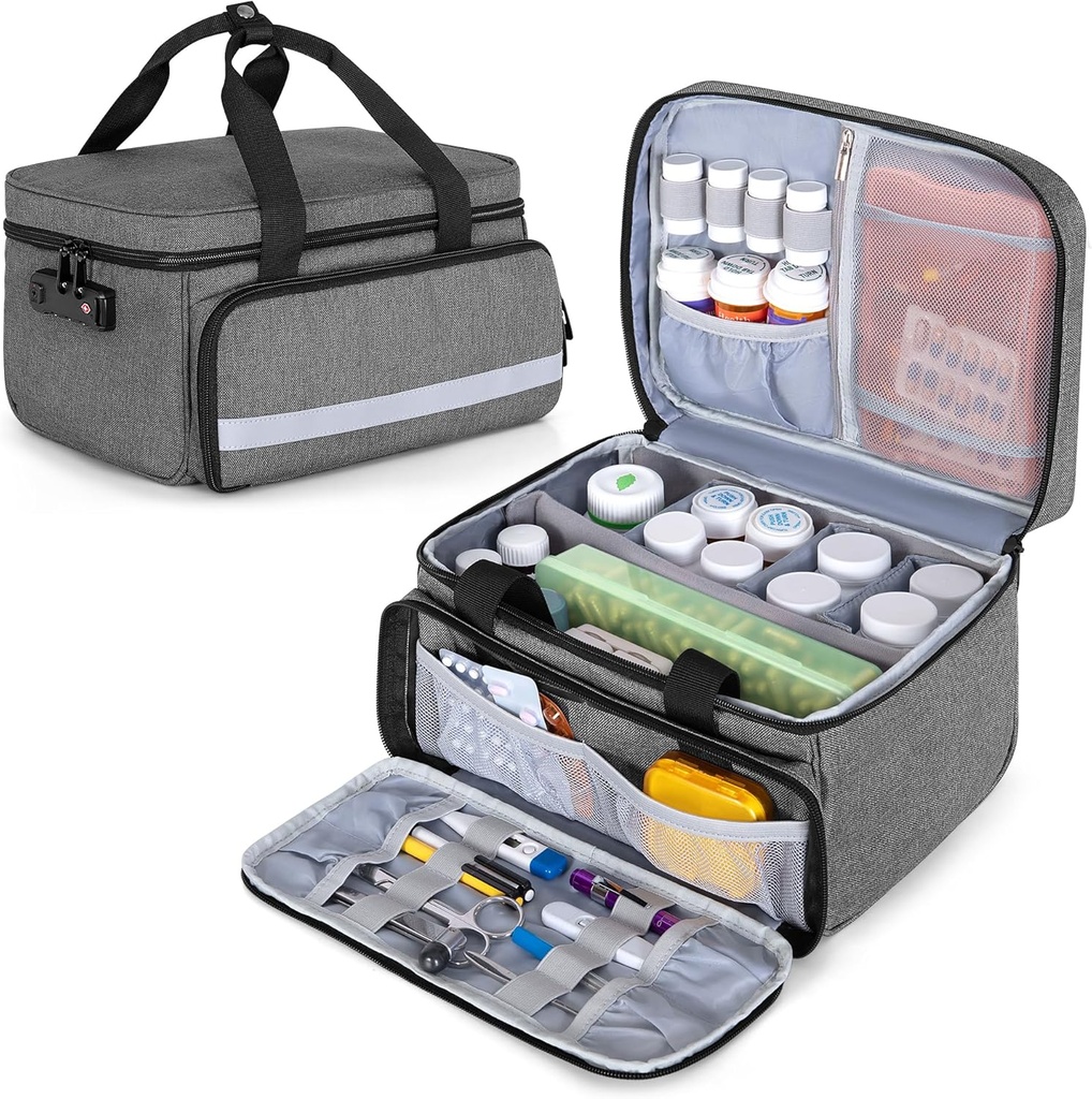 CURMIO Pill Bottle Organizer Storage, Medication Lock Box for Pill Organizer and Medical Supplies, Gray (Patented Design)