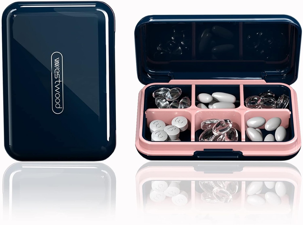 DUBSTAR Organizador de píldoras de viaje Moisture Caja de píldoras pequeñas impermeables para bolsillo 6 Compartimientos Portable Pill Case Medicine Vitamin Holder Container,Blue