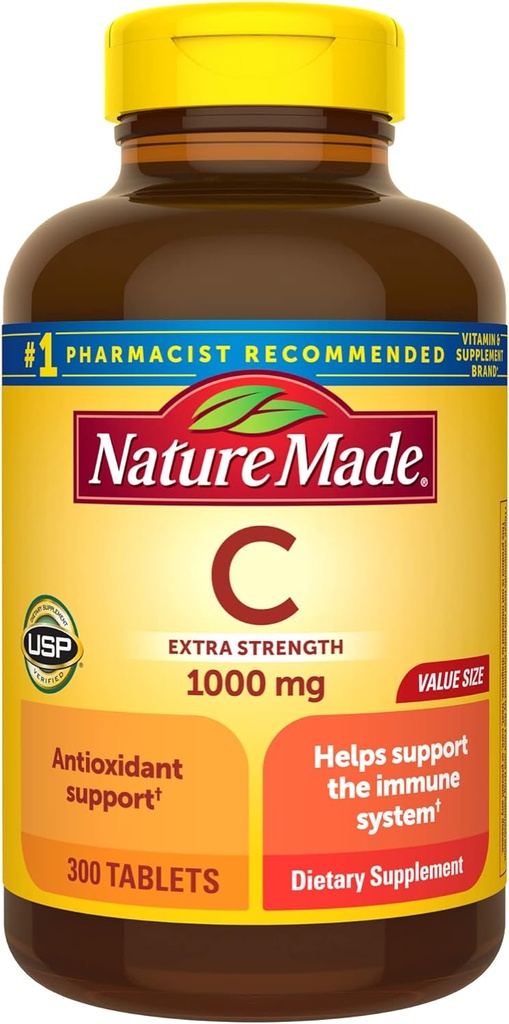 Nature Made Extra Strength Vitamin C 1000 mg, Suplemento dietético para soporte de inmuno, 300 Tabletas, 300 Day Supply
