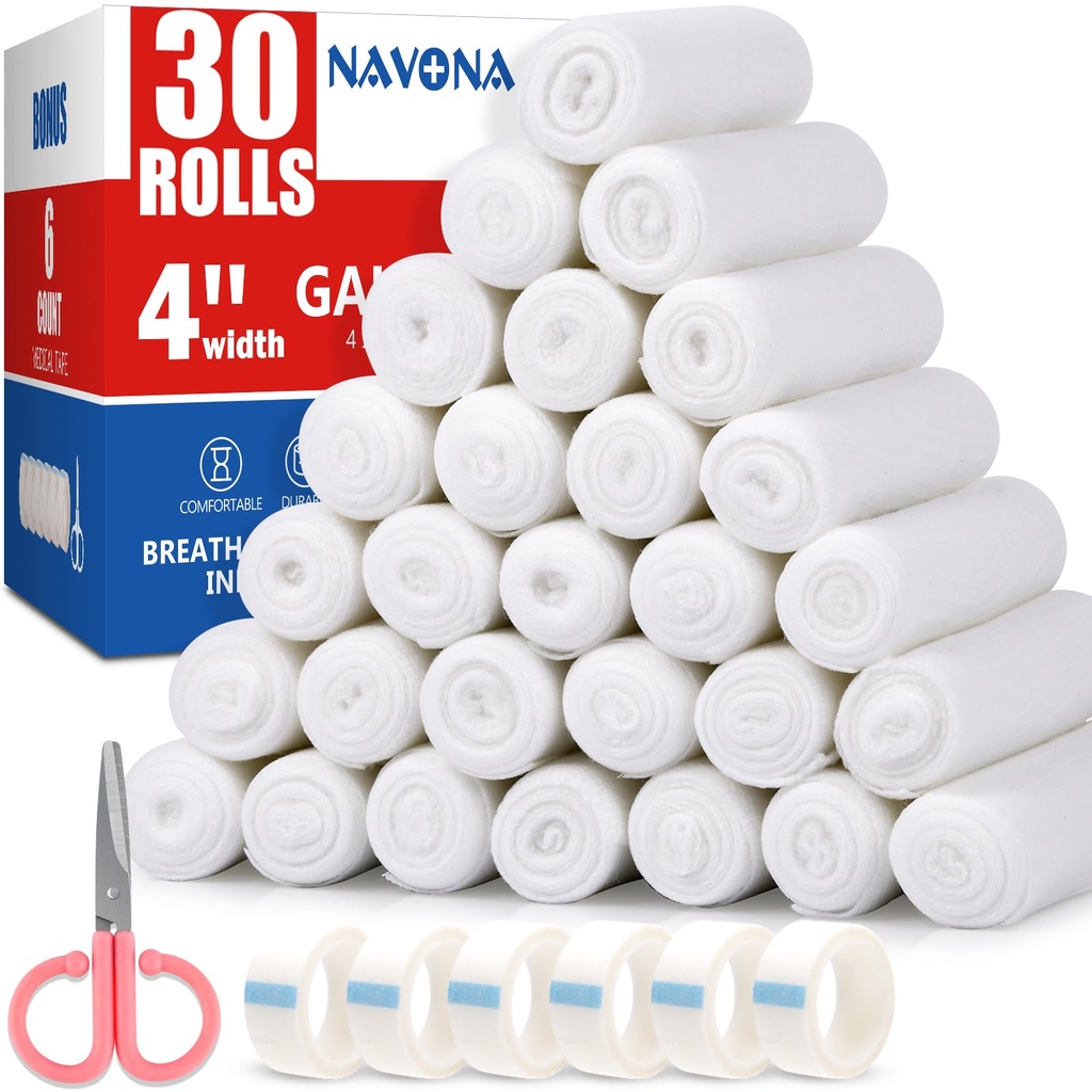 Navona Gauze Rolls 30 Pack, 4 in x 4.1 Yards, Individualmente Rolled Gauze, Mammy Wrap, Premium Gauzes Wrap Roll for Wounds