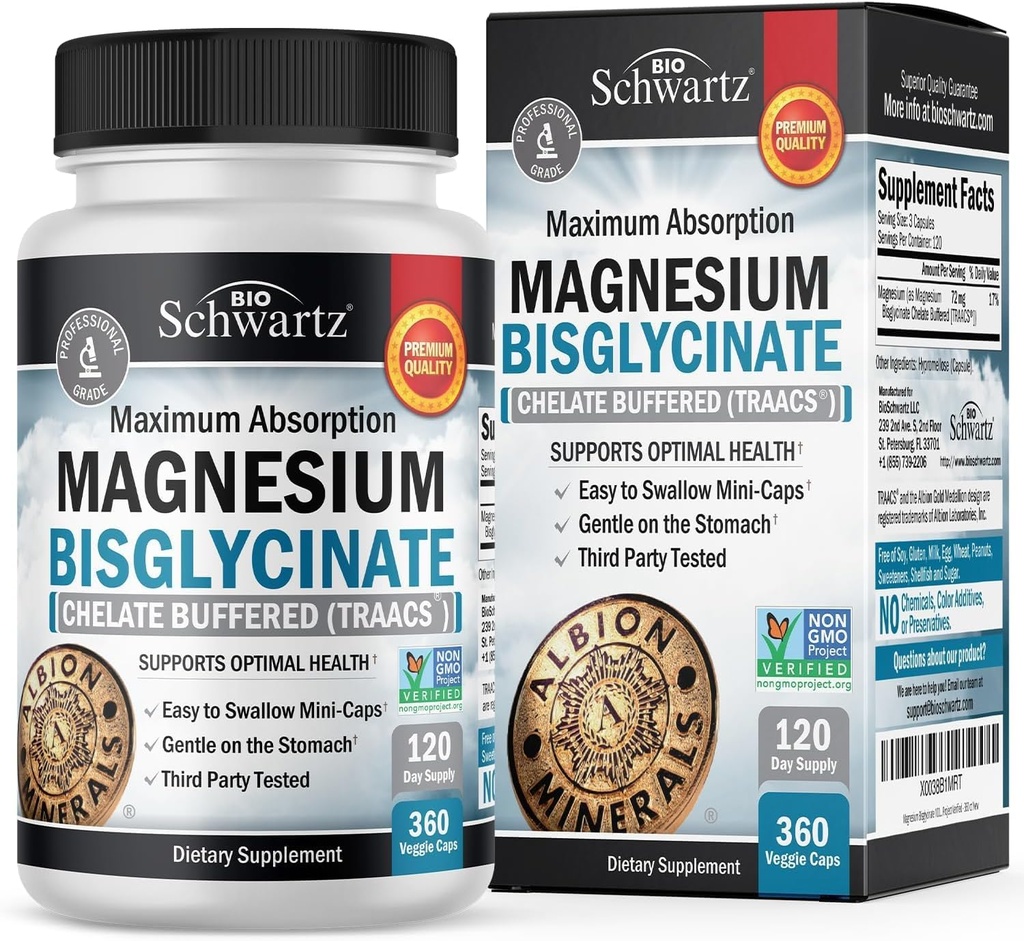 Magnesio Bisglycinate Chelated Supplement - High Absorption Magnesium Supplement for Muscle, Bone & Joint Support, Non-Laxative, Fully Buffered, Non-GMO, Maximum Bioavailability - 360 Capsules