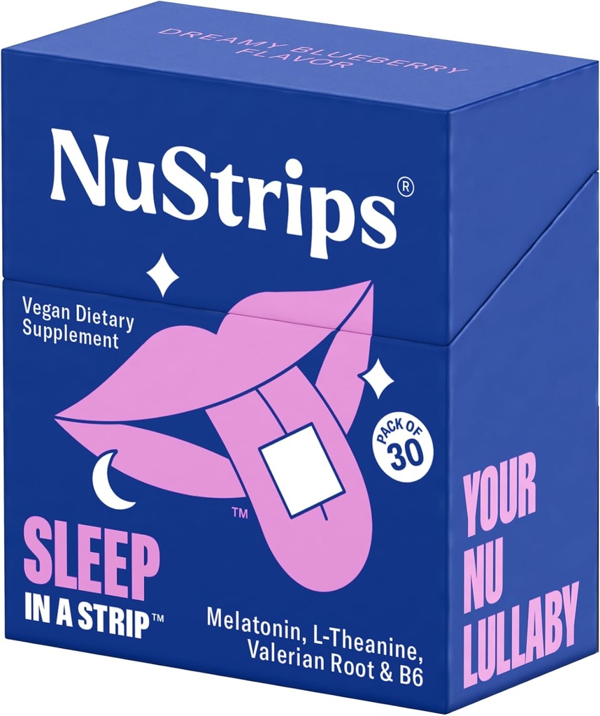 NuStripsTM Fast-Dissolving Sleep Strips with 5mg Melatonin, Valerian Root, L-Theanine & Vitamin B6 – Natural Sleep Aid, Vegan, Non-GMO, Gluten Free – Fall Asleep Fast, Wake Up Refreshed (30 Strips)