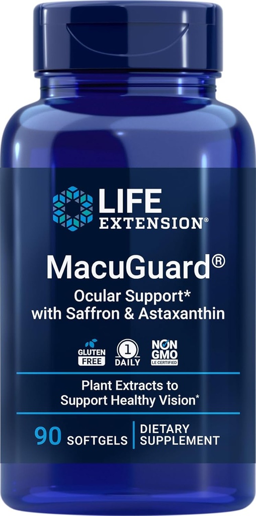Extensión de vida MacuGuard Ocular Soporte 90 softgels con Saffron &amp; Astaxanthin