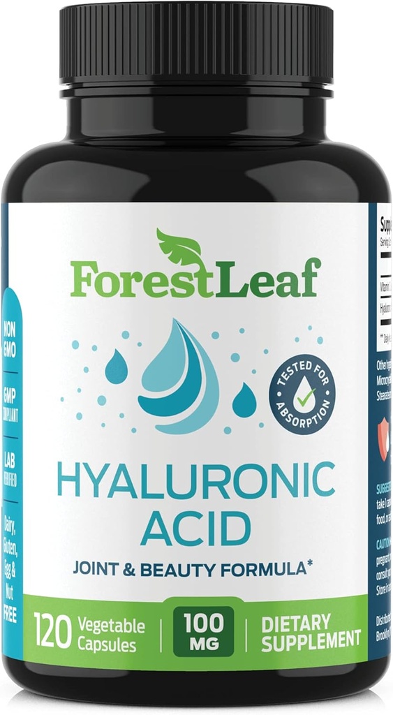 ForestLeaf Hyaluronic Acid Suplementos ← 100mg High Bioavailable Dietary Hyaluronic Acid Powder Capsules + 50mg VIT C ← Soporta la hidratación de la piel, la lubricación conjunta, Anti-Aging, Pelo &amp; Nails Ø 120 Caps