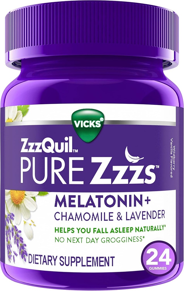 ZzzQuil PURE Zzzs Melatonin Gummies, Sleep Aid, Melatonin 2mg, con Chamomile & Lavender, Melatonin Sleep Gummies, Sleep Aids for Adults, Wildberry Vanilla Flavored, 24 Sleep Gummies