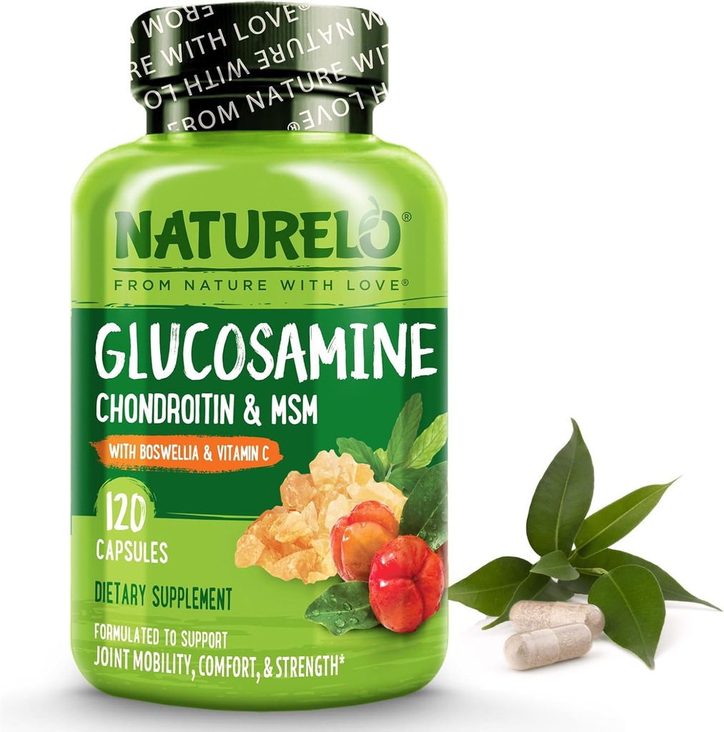 NATURELO Glucosamine Chondroitin MSM con Boswellia y Vitamina C - Suplemento para Confort Conjunto, Movilidad y Fuerza - 120 cápsulas