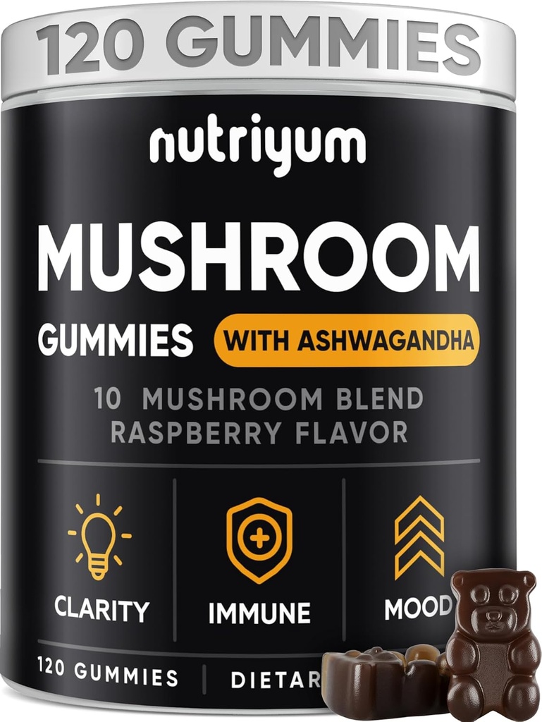 Mushroom Gummies 10 Blend 120 pcs - Lions Mane, Ashwagandha, Turquía Tail, Cordyceps, Chaga, Reishi Mushroom Complex - Mushroom Supplement for Immune, Energy, Clarity & Cognitive