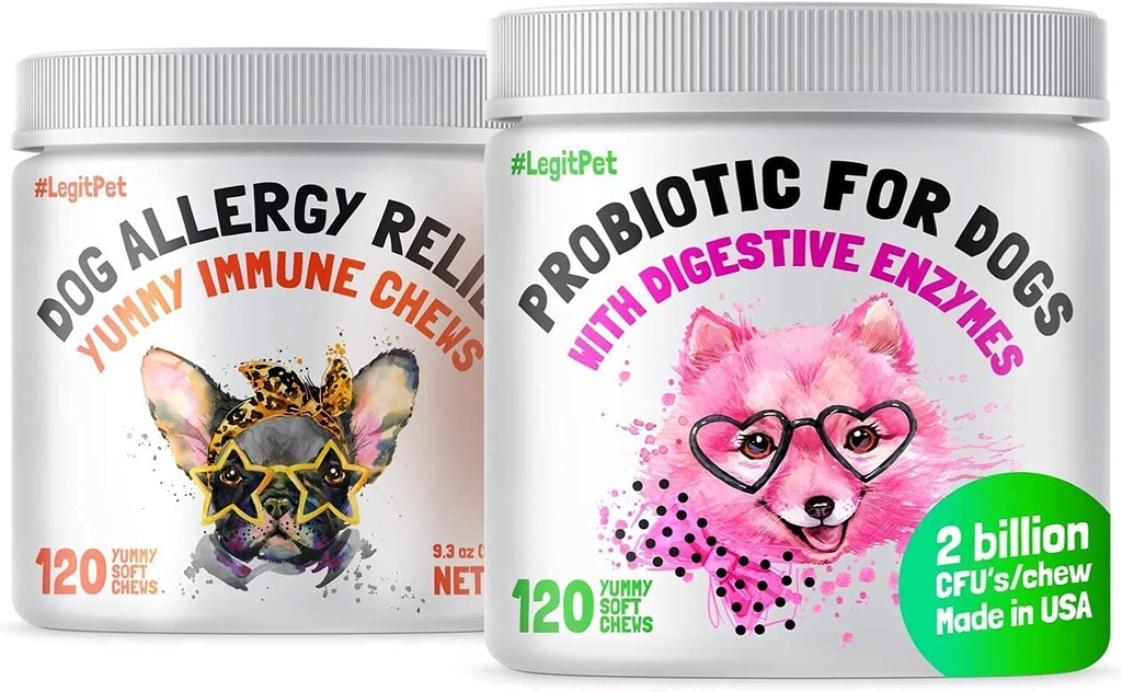 LEGITPET Allergy Relief Chews for Dogs & Immune Support with Kelp, Colostrum & Bee Pollen 120 Soft Chews and Probiotics for Dogs with Natural Digestive Enzymes 120 Soft Chews Bundle - Made in USA