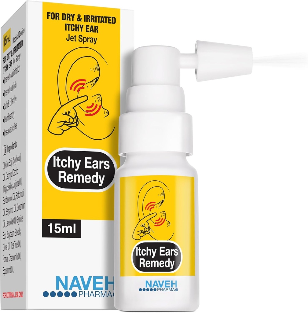 NAVEH PHARMA® Itchy Ears Remedy Ear Cleaning and Itch Relief Treats All Causes of Ear Itchiness ¦ Jet Spray for Eczema Treatment & Clogged Ear Relief TEN Ear Wax Removal & Ear Drops Wash (0.5 Fl Oz)