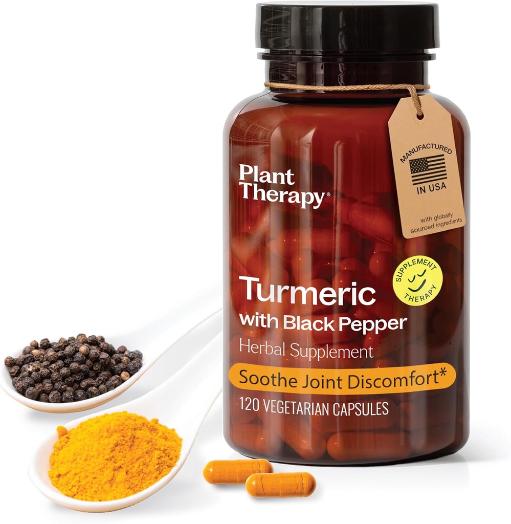 Plant Therapy Turmeric Black Pepper Supplement Capsules Manufactured in USA 4 Month Supply Supports Joint and Muscle Health Supplements for Women & Men 120 Vegetarian Capsule