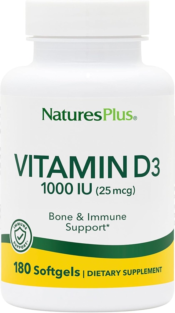 Natures Plus Vitamina D3 (Cholecalciferol) - 1000 iu, 180 Softgels - Soporte nutricional para huesos saludables &amp; soporte de sistema inmunitario - Forma activa biodisponible - Sin gluten - 180 Servimientos