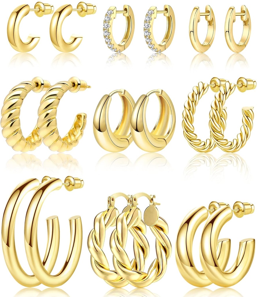 Adoyi 9 Parejas Pendientes de aro de oro Juego para Mujer Agujas de Huggie Twisted Pendientes 14K 18K Gold Plated for Girls Valentines Día de la Madre Regalos de cumpleaños Ligero