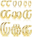 Adoyi 9 Parejas Pendientes de aro de oro Juego para Mujer Agujas de Huggie Twisted Pendientes 14K 18K Gold Plated for Girls Valentines Día de la Madre Regalos de cumpleaños Ligero