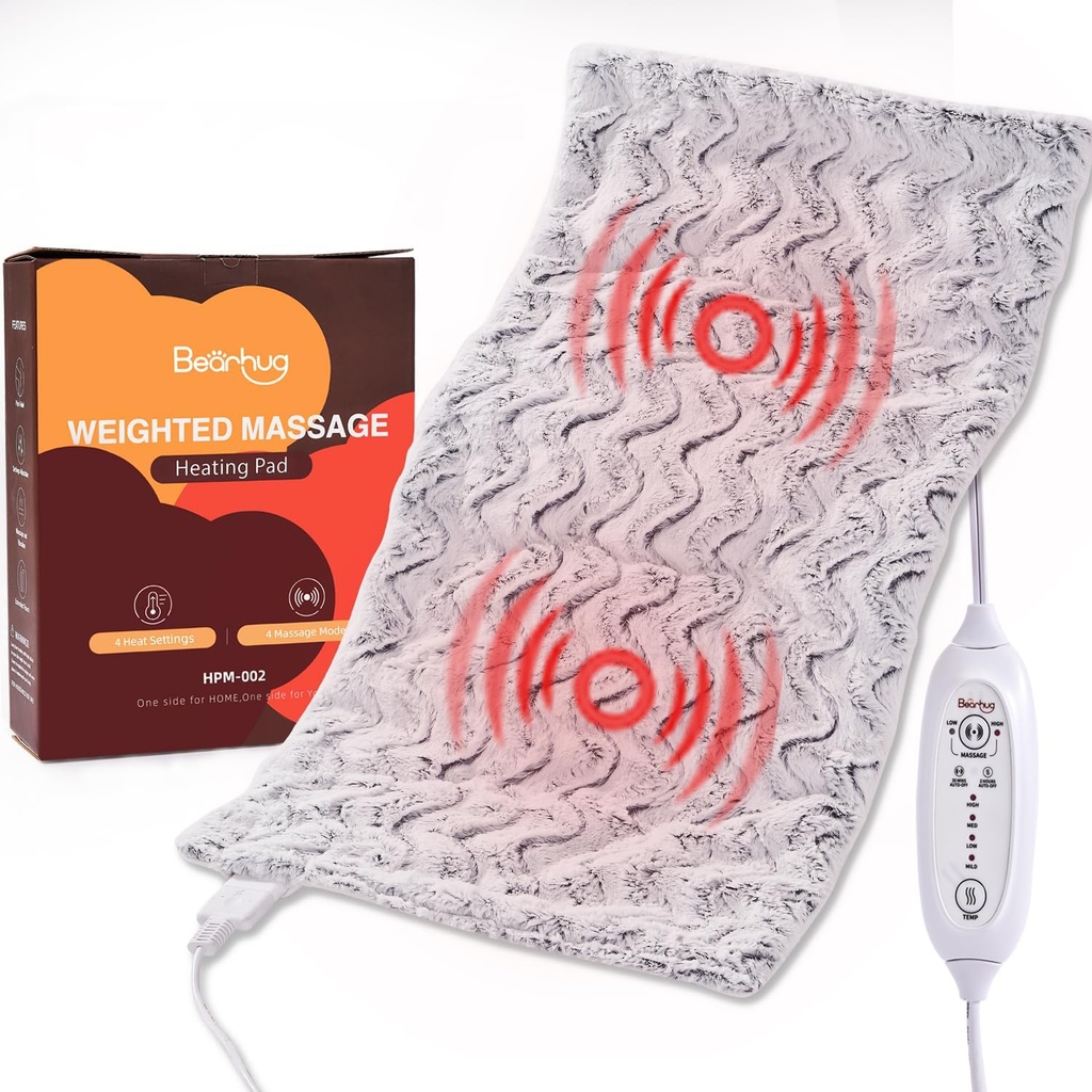 Bearhug XXL Weighted Heating Pad 17x33 (5.42LB) - Mobiliario de doble asiento, 4 Modos de masaje, 4 Ajustes de calor, 2H Auto-Off, Calefacción Pad para el alivio del dolor de espalda, Vibrating Heated Pad, Great Gift