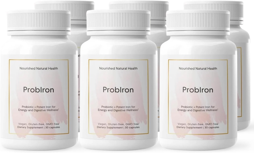 ProbIron de Salud Natural Nutrida - Probiótico de Mujeres + Suplemento de Hierro Boostado con Vitamina C y Cobre - Fórmula Vegana de Energía y Bienestar Digestivo - 180 cápsulas
