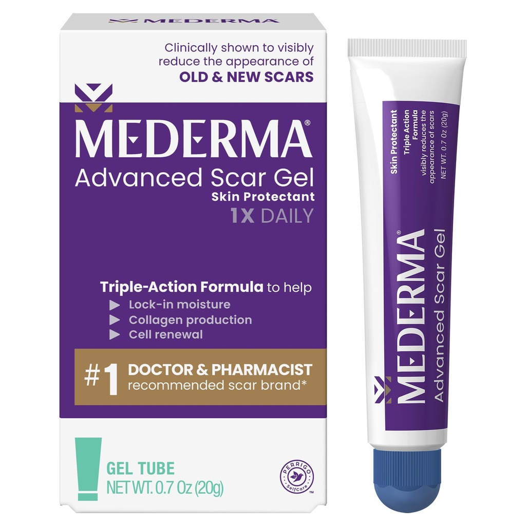 Mederma Advanced Scar Gel - Treats Old " New Scars, reduce la aparición de cicatrices de Acne, Cirugía, Quemaduras, Lesiones " Stretch Marks, 0.70 Oz (20g)