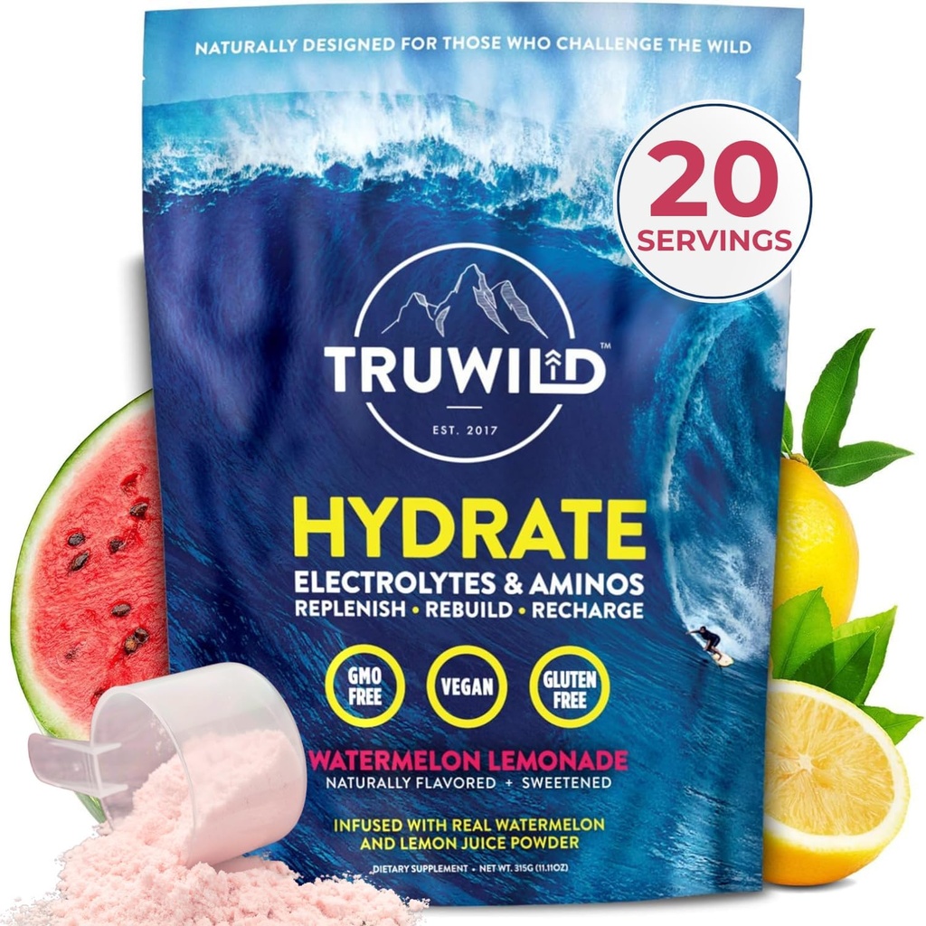 Polvo de hidratación natural TruWild con azúcar cero, electrolitos veganos + ácidos aminoácidos, bebida de recuperación para uso diario, post entrenamiento Muscle Support Suplemento con magnesio (Watermelon Lemonade)