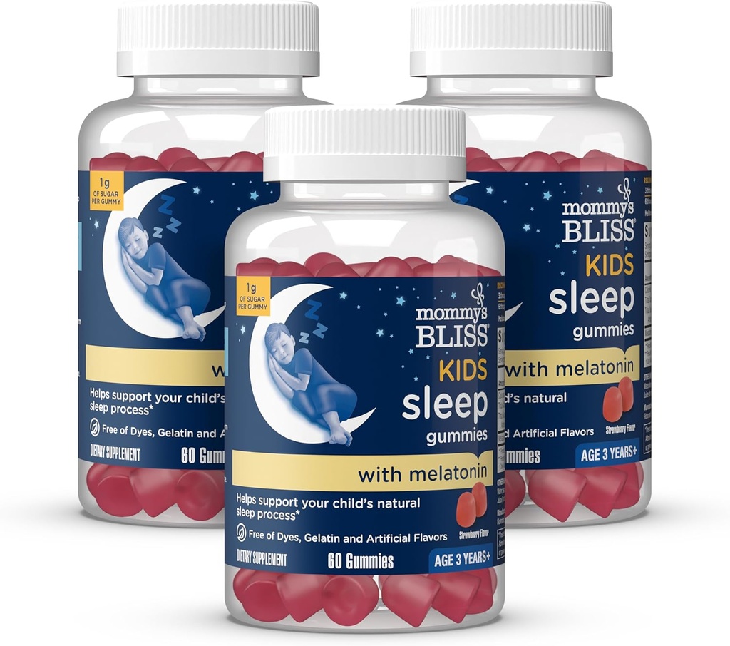 Mami's Bliss Kids Sleep Gummies with Melatonin, Support Your Natural Sleep Process, Age 3 Years to Adults, Strawberry Flavor, 1G of Sugar, 60 Gummies (Pack of 3)
