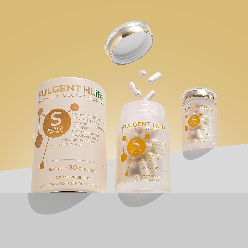 Premium S-Acetyl Glutathione Antioxidant Complex – con Ashwagandha, Astaxanthin & CoQ10 – Alta potencia 500mg, 30 cápsulas