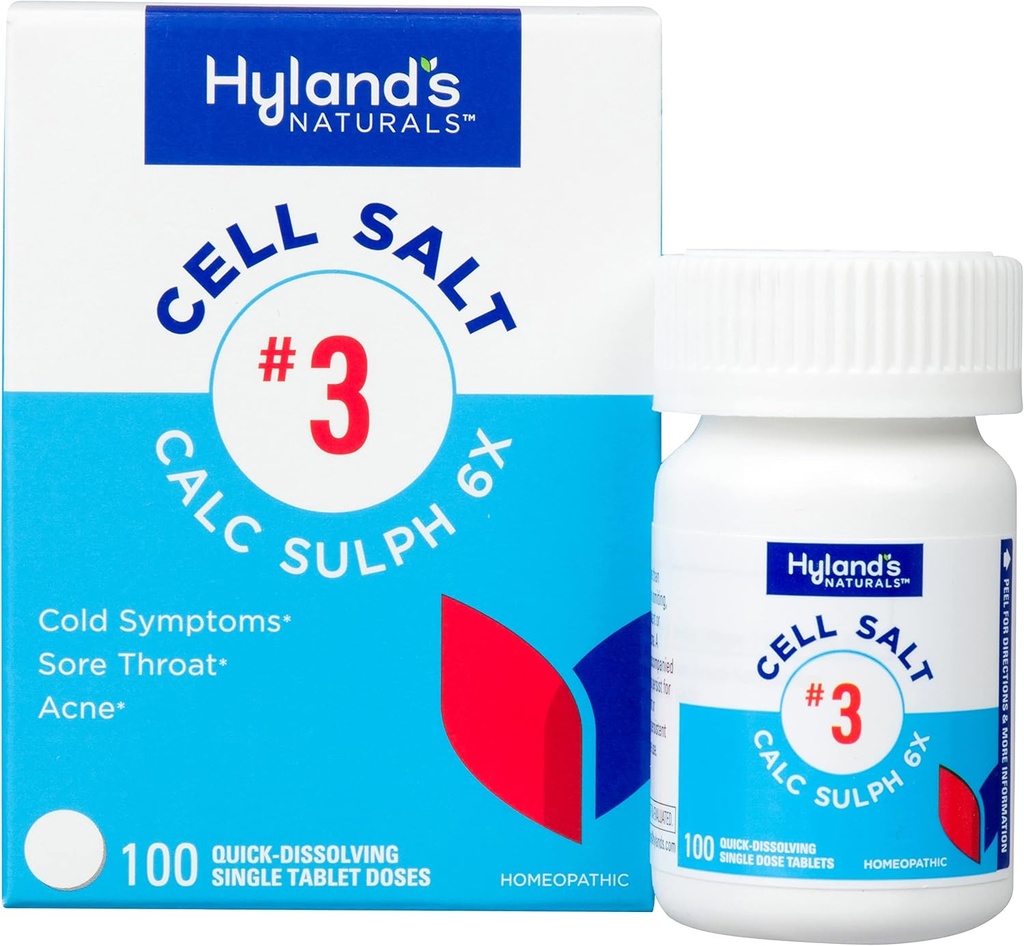 Sal de células de Hyland No. 3 Calc Sulph 6X Tablets, Cold Relief, Natural Homeopático Relief of Colds, Sore Throat, Acne, Quick Dissolving Tablets, 100 Condes
