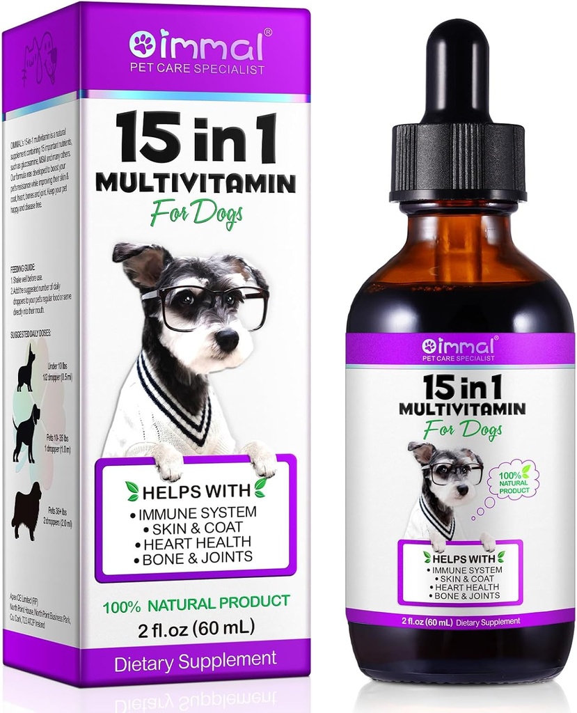 Multivitamina de perros líquido - 15 en 1 Vitaminas de perros Multivitamínico, Esquí de apoyo " Carne, Corazón, Huesos y Salud Conjunta, Vitaminas y Suplementos de mascotas (2 Fl Oz)