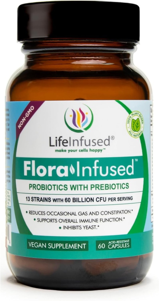 Life Infused - Flora Infused Probiotics with Prebiotics – 50 Billion CFU, 13 strains, a Proprietary Enzyme Blend to Promote Digestive Health and Enhance Immune Function. Vegan - 60 Capsules