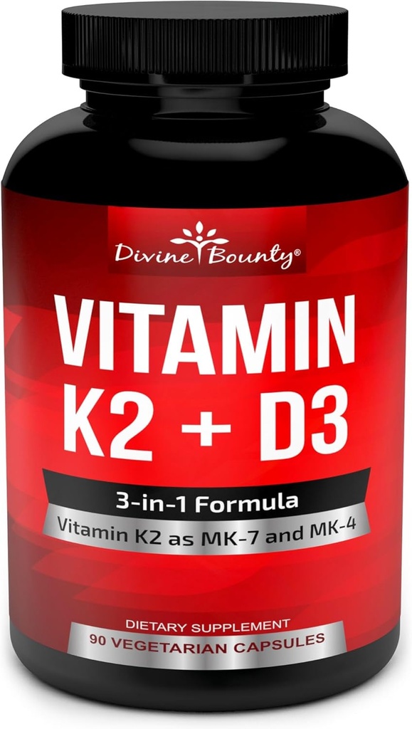Vitamina K2 (MK7 &amp; MK4) con suplemento D3 - Vitamina K & D como MK-7 100mcg, MK-4 500mcg y 5000 UI Vitamina D3 3-en-1 Fórmula - Bono y apoyo cardíaco - 90 cápsulas vegetarianas no transgénicos