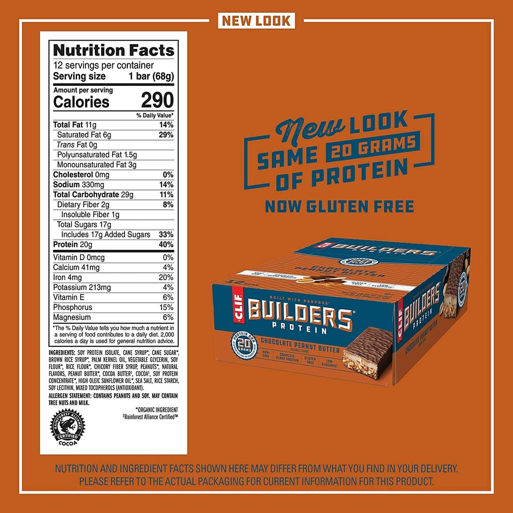 CLIF BUILDERS - Protein Bares - Chocolate Peanut Butter Flavor - 20g Protein (2.4 Ounce, 12 Cuenta) (Ahora Gluten Gratis)