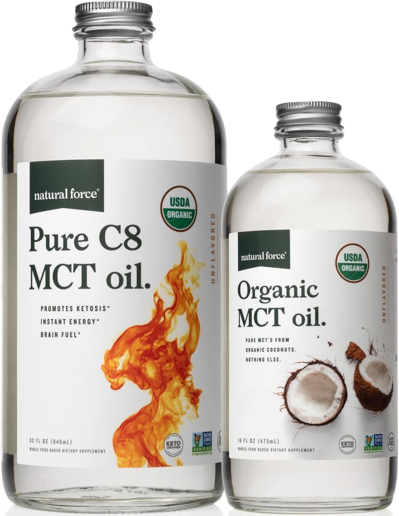 Natural Force Organic Pure C8 + Organic Full Spectrum MCT Oil – USDA Organic, Non GMO, 100% Pure Coconut MCTs – Keto, Paleo, Vegan y Kosher – 32 Oz & 16 Oz Glass Bottles