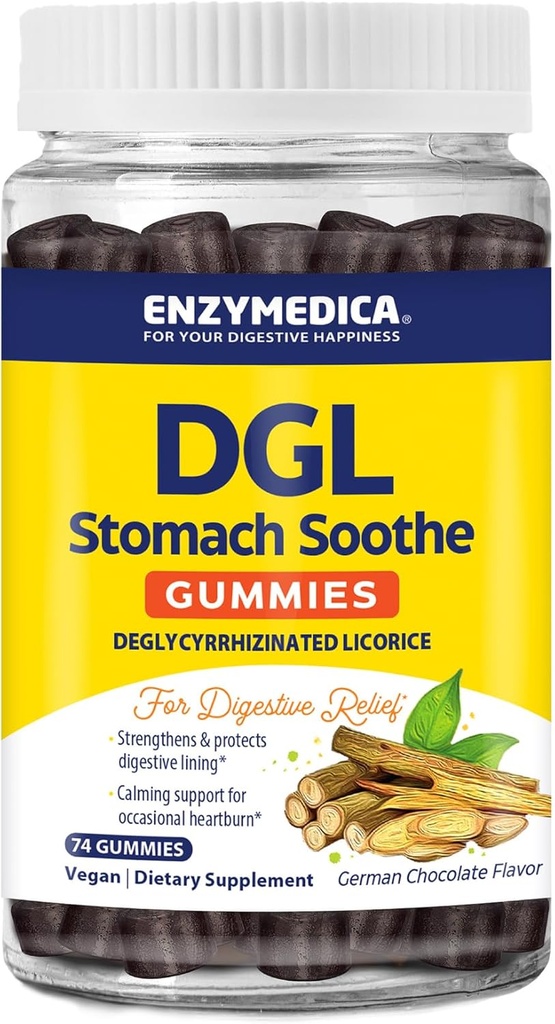 Enzymedica, DGL Stomach Soothe, Deglycyrrhizinated Licorice Gummies for Digestive Support & Gut Health, Chocolate, 74 Count