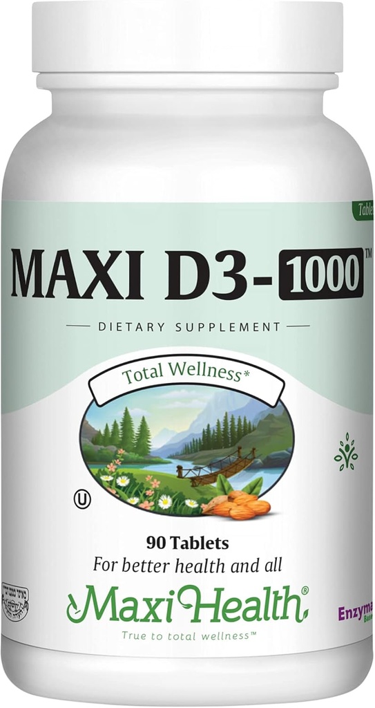 Maxi Health Vitamin D3 1000 UI Suplemento dietético - Easy to Swallow - Odorless &amp; Tasteless - Soporta la absorción de calcio, la salud inmune y la salud de los huesos en hombres adultos - 90 Tablets