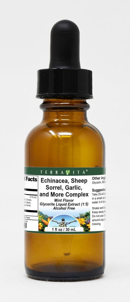 Terravita Echinacea, Sorrel de oveja, ajo y más complejo Glicérite Líquido Extracto (1:5) - Mint Flavored (1 oz, ZIN: 523695)