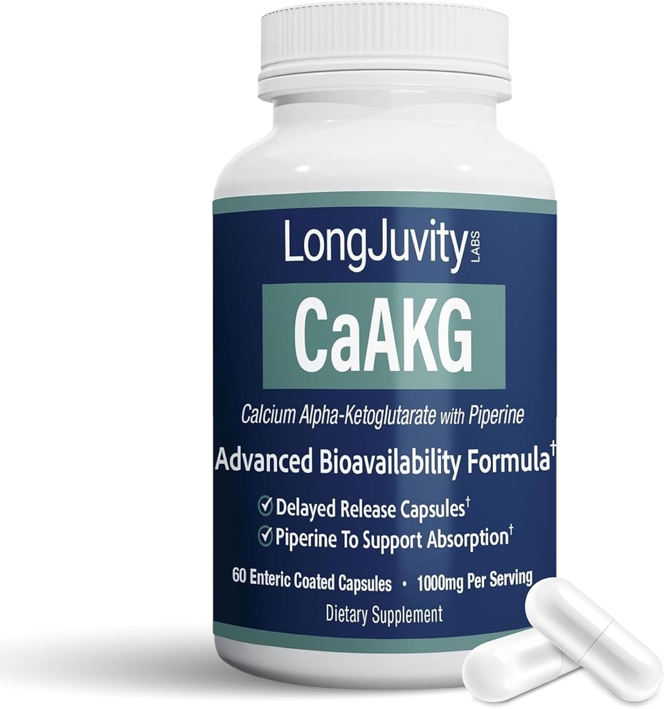 LongJuvity Calcium Alpha-Ketoglutarate Time Release AKG Supplement (1,000mg Por Serving) - Gut Heath, Bone Health, Anti Aging &amp; Longevity - Independently Lab Tested (60 Enteric Coated Capsules)