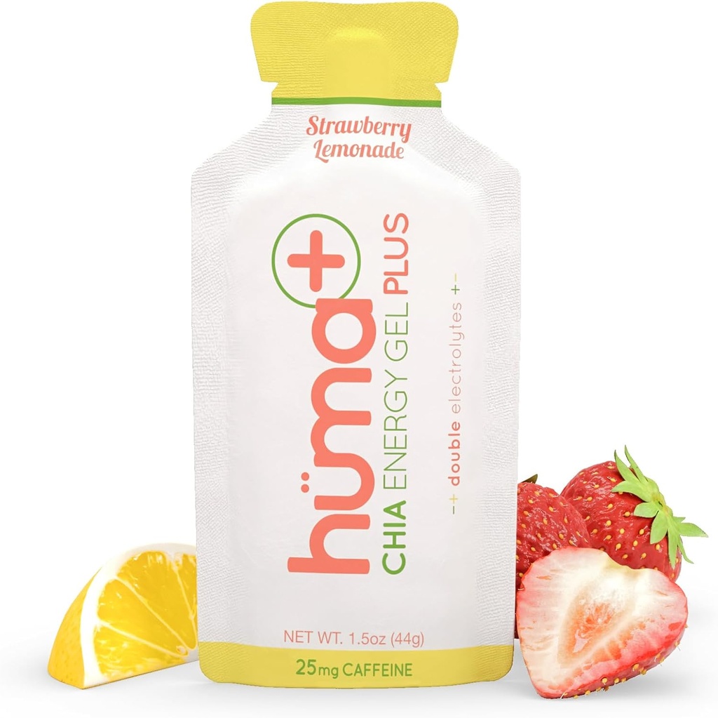 Huma Plus (Doble Electrolytes) - Chia Energy Gel, Strawberry Lemonade, 24 Gels, 25mg Caffeine - Stomach Friendly, Real Food Energy Gels