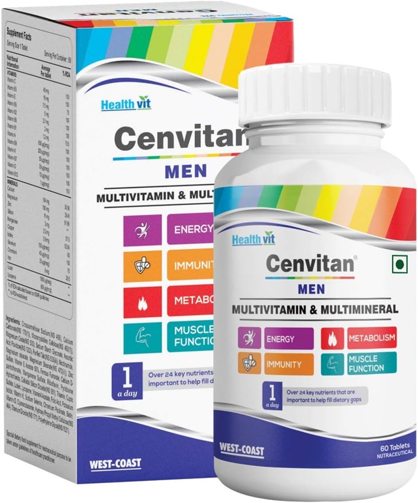 Cenvitan Multivitamin for Men - 60 Tablets with 24 Nutrients (Vitamins and Minerals) | for Energy, Stamina & Recovery
