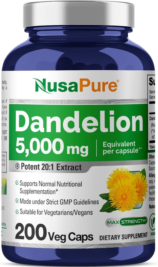 NusaPure Dandelion Root 20:1 Extracto, 250 mg Equivalente a 5000mg 200 Veg Capsules (Vegan, No GMO)