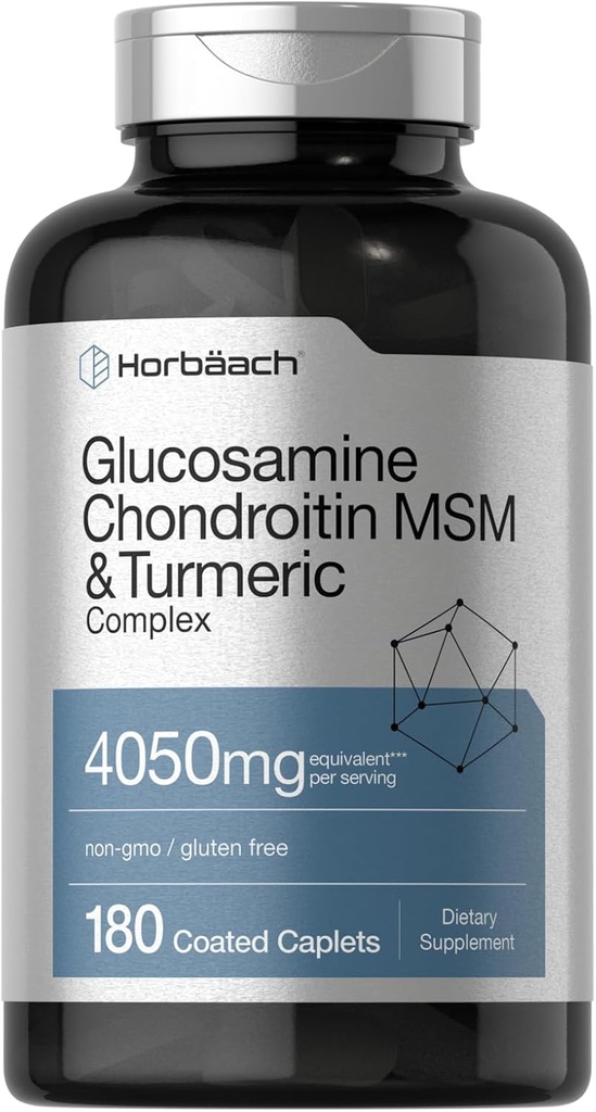 Horbäach Glucosamine Chondroitin MSM | 4050 mg | 180 Caplets | with Turmeric | Triple Strength Formula | Non-GMO & Gluten Free Supplement