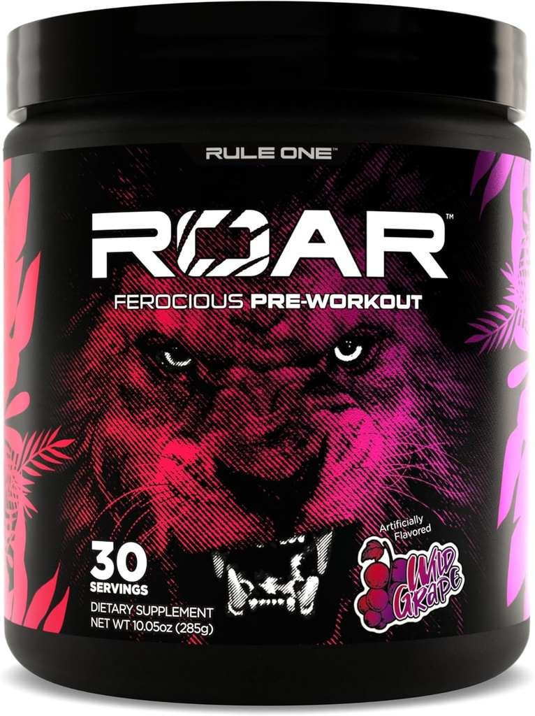 Regla 1 R1 Roar - Pre-Workout Powder con Creatina, Beta-Alanina, Citrulline, Electrolitos &amp; Caffeine (30 Servimientos, Wild Grape)