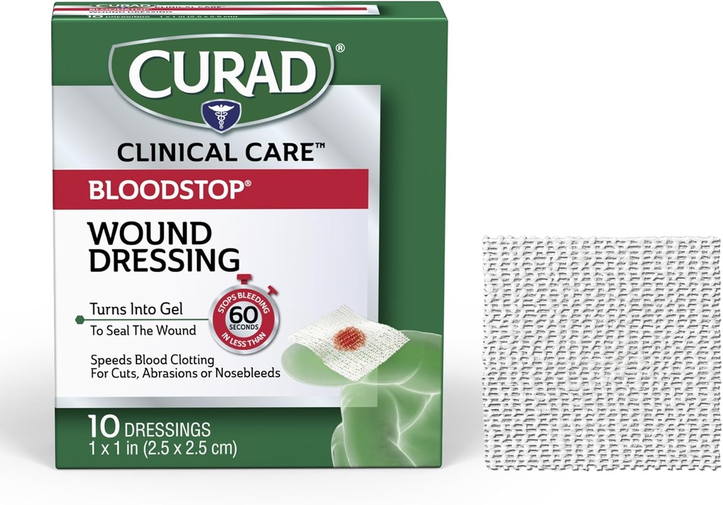 CURAD BloodStop® Wound Dressing  1” x 1” ← Hemostatic Gauze ayuda a dejar de sangrar Rápido para evitar cortes, abrasiones o enfermedades nasales.