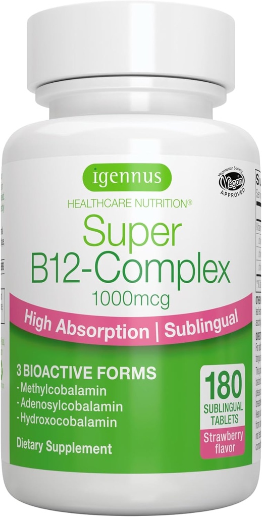 Igennus Sublingual Vitamina B12 Complejo 1000mcg, Metilcobalamina metillaminada, Adenosylcobalamin & Hydroxocobalamin, Alta absorción &amp; Limpia, 180 Servimientos, Libre de azúcar &amp; Vegan