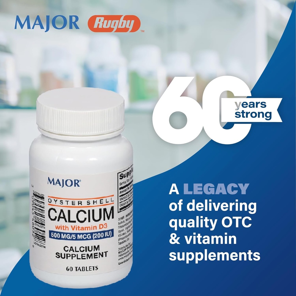 Calcio de ostra mayor con vitamina D3 500 mg / 5 mcg (200 UI) - Suplemento de calcio - 60 tabletas