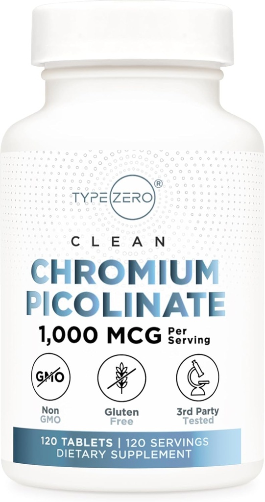 Tipo Zero Clean Chromium Picolinate Tablets (120 Servings, 1,000 MCG Por Serving) - Non-GMO, Gluten Free