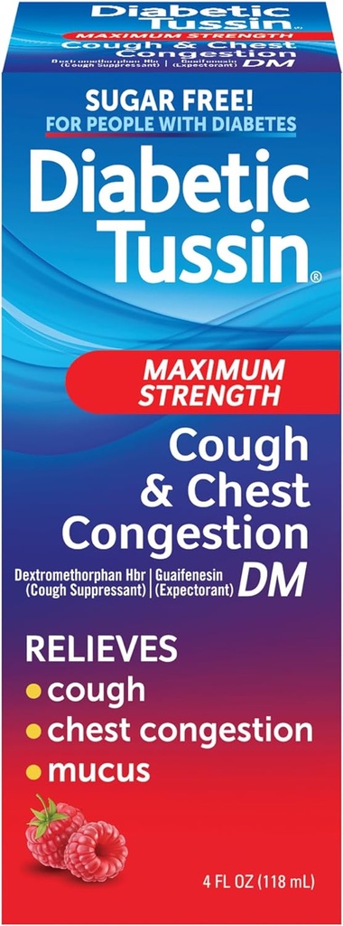 Diabético Tussin DM Máximo tos y congestión de pecho Alivio de la tos líquida, Seguro para Diabéticos, Berry Flavored, 4 Fl Oz (Pack of 1)