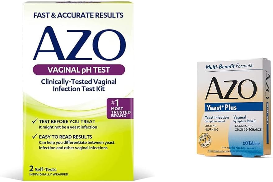 AZO Kit de prueba de pH vaginal y tabletas de alivio de la infección por levadura, Kit de prueba de infecciones con 60 infecciones por levadura y tabletas de alivio de síntomas vaginal