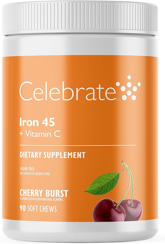 Celebrate Vitamins Iron Supplement with Vitamin C - 45mg Iron, 60mg Vitamin C, Bariatric Vitamins for WLS Patients, Vertical Sleeve & Gastric Bypass Surgery - Cherry, 90 Soft Chews