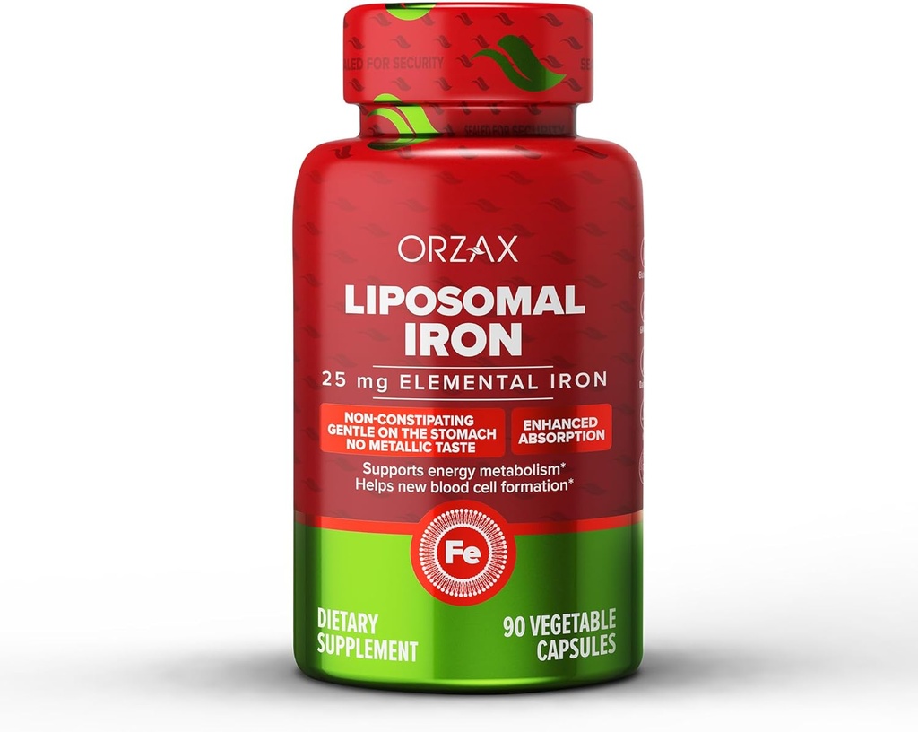 ORZAX Suplemento de hierro 25 mg -Tecnologia lipomal- Alta Biodisponibilidad 90 cápsulas vegetales, ayuda a la nueva producción de células sanguíneas, no especificante, libre no transgénico, para mujeres, hombres, adultos